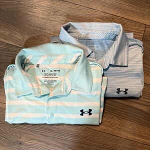 TWO Under Armour Men's Polo Shirts - Light Blue and Gray Stripes